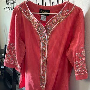 NWT, Bob Mackie coral jacket (QVC) with detailed artwork in size 1X.